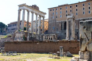 The Rostra of Augustus in the Roman Forum, with the Temple of Saturn, the Temple of Vespasian and Titus, and the Tabularium in the background