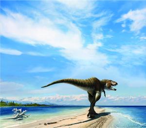 Wahweap coastline tyrannosaur with sky by Andrey Atuchin