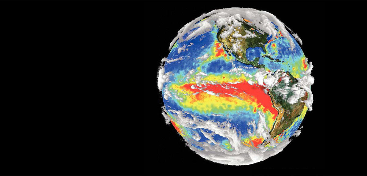  Anomalie, vue par satellite, de la température de la surface de la mer et de la couverture nuageuse durant l’épisode El Niño 1997-1998, le plus intense du siècle dernier. @R.HOUSER/ WASHINGTON UNIVERSITY 