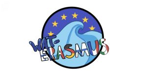 A logo that has the European Union yellow stars on a blue circle background, together with the text Waterasmus, with the flags of the countries featured on the letters