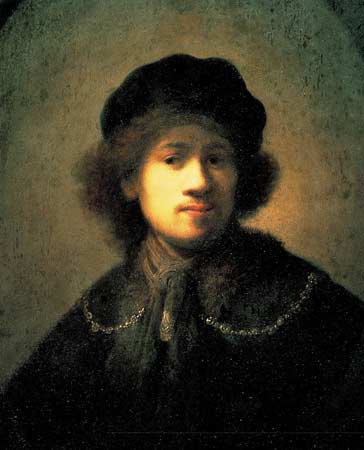 Rembrandt autoportrait au béret et a la chaine d'or 1630 69x57cm huile bois Liverpool Walker museum
